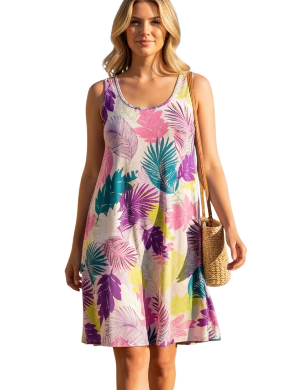 Jostar Tropical Print Tank Dress in Pink & Purple